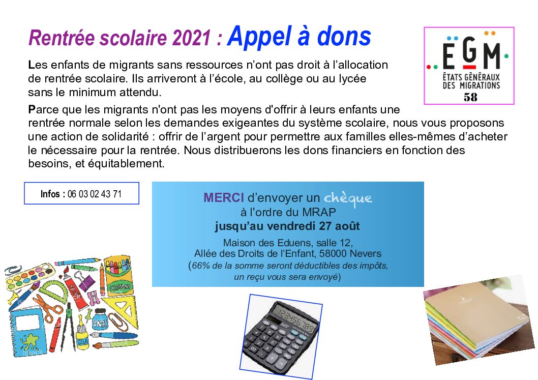 Rentrée scolaire 2021 -Appel à dons